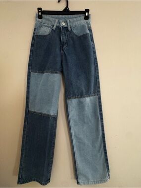 Two-Tone Patchwork Denim Jeans Wide Leg High Waisted Colorblock Streetwear Sz S